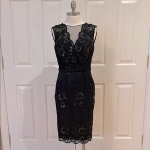 Theia Black Lace & Sequin Midi Dress